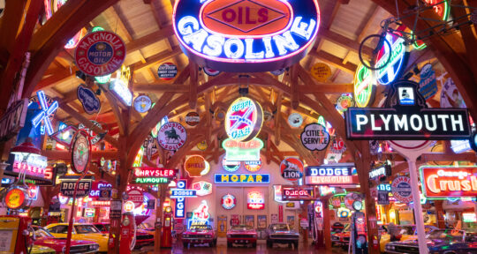Hemi Hideout is a supercharged collection of neon signs, muscle cars, and vintage oddities in Texas