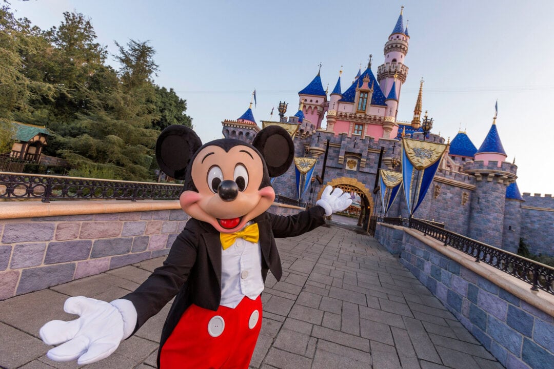 Micky mouse stands in front of a castle and points to the entrance