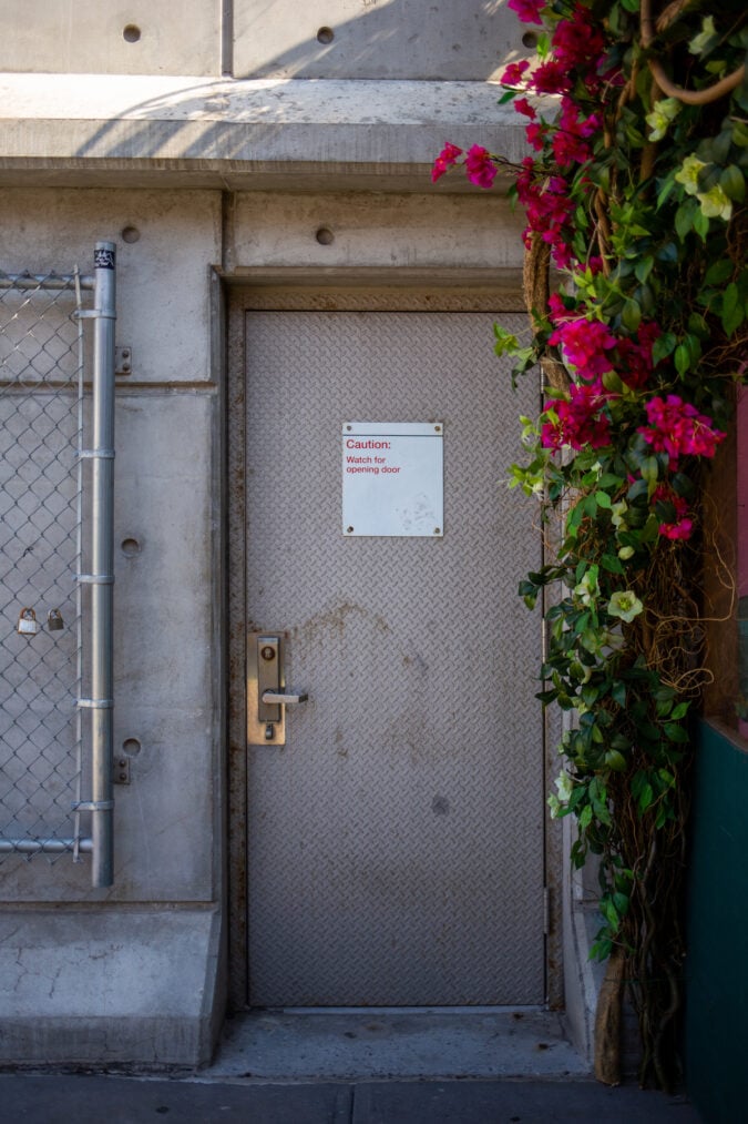 a door in a concrete building with pink flowers cascading down the facade