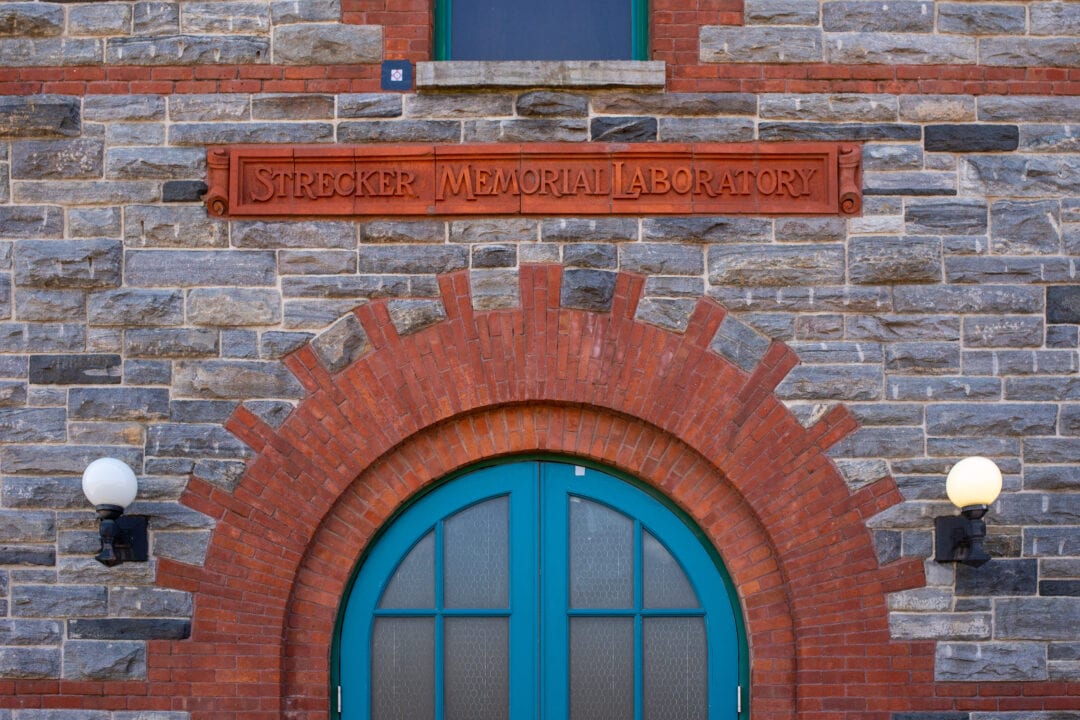 the entrance to the strecker memorial library with an arched stone doorway and blue door