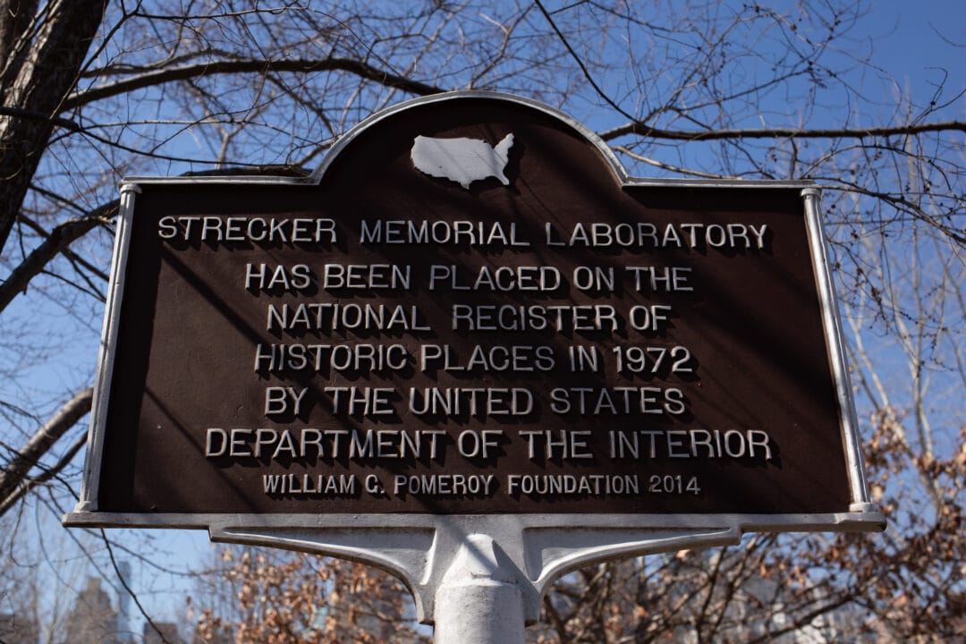 a historical marker for the strecker memorial library