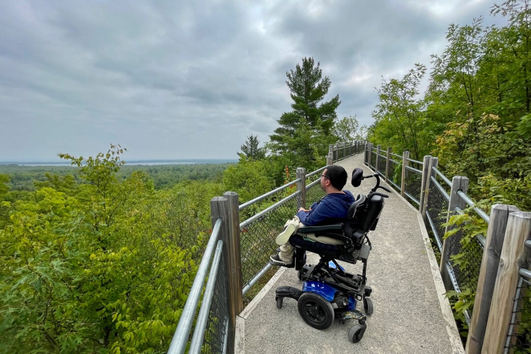 a wheelchair user is on a walkway over a scenic overlook