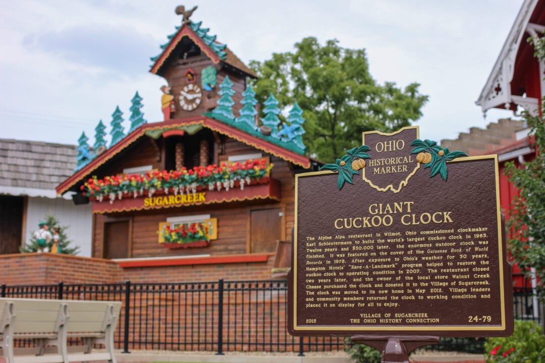 an oversized cuckoo clock with an ohio historical marker