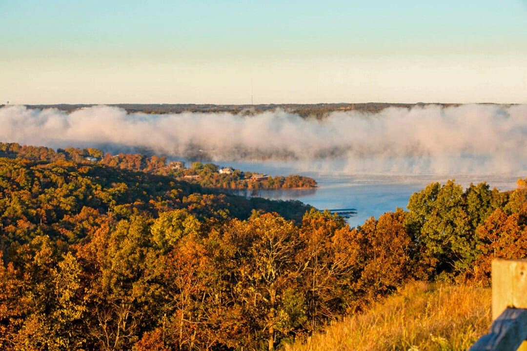 a scenic view of fall foliage with mist hanging above the trees under a clear blue sky