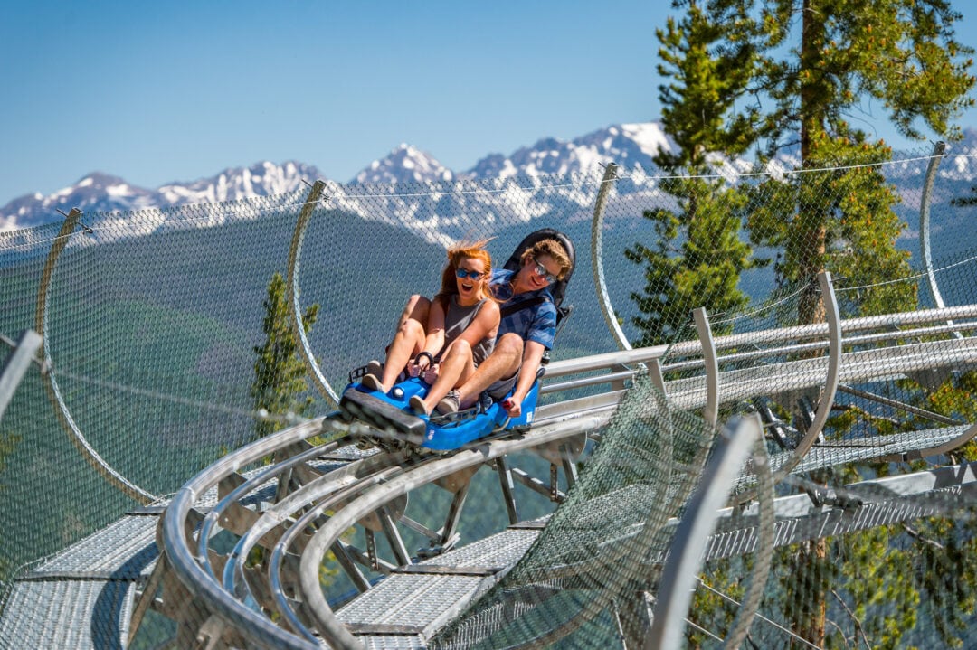 two people ride an alpine coaster with snowy mountains in the background