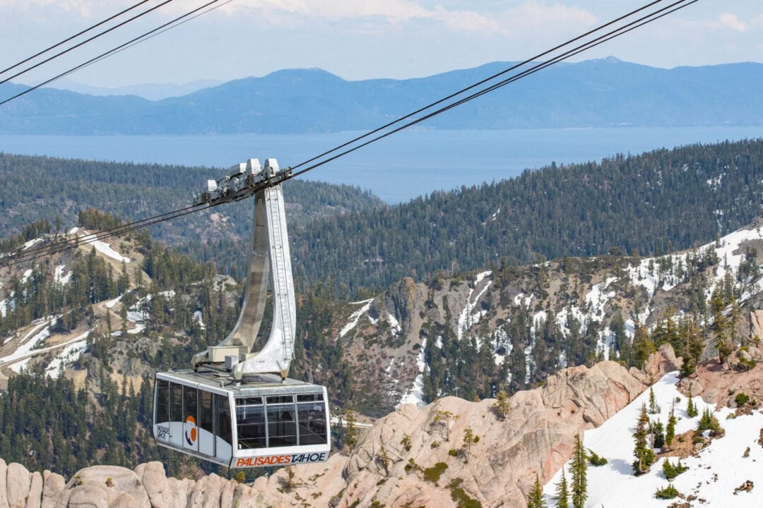 an aerial tram above snowy tree covered mountains