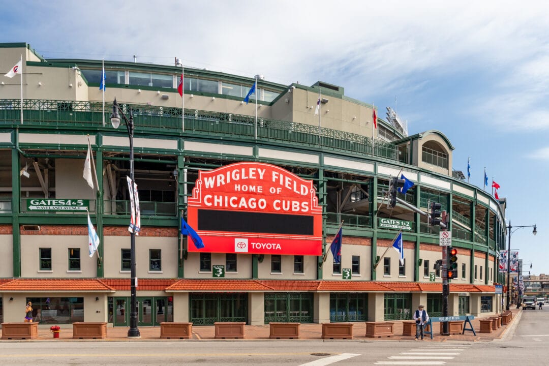 Outside of Wrigley Field with the Wrigley Field Chicago Cubs sign on the front