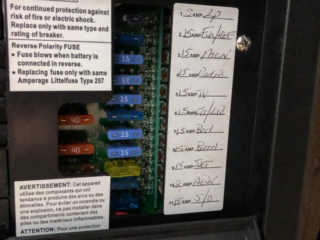 Close-up of an RV fuse panel