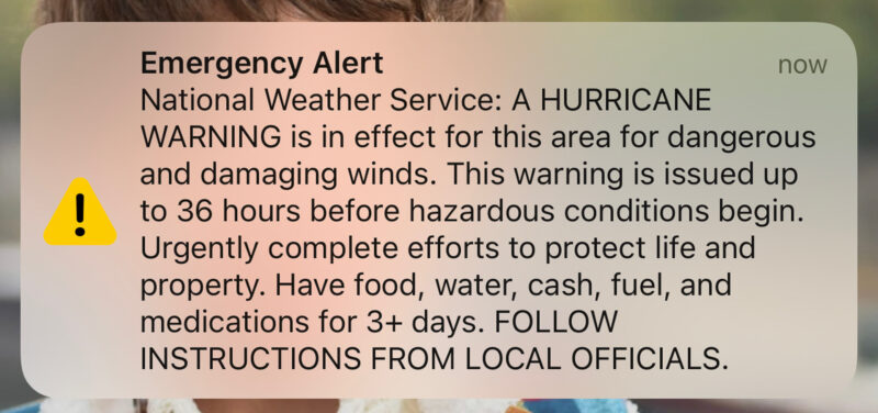 Emergency alert about a hurricane warning phone notification