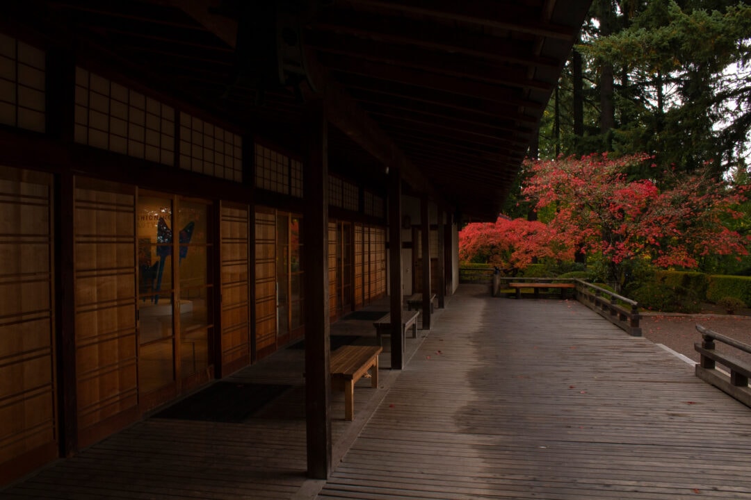Traditional Japanese building in Portland's Japanese Gardens.