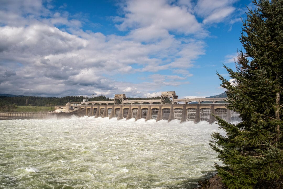 Water from the Columbia River rush through the locks at Bonneville Dam, Oregon