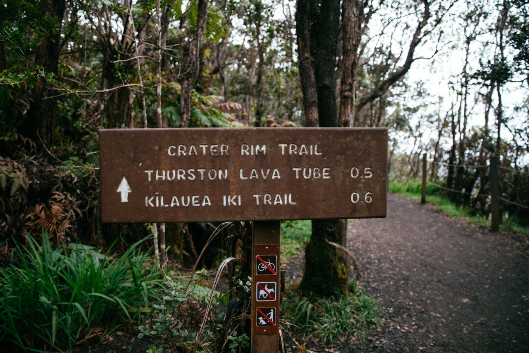 a directional sign for the crater rim trail near a hiking trail
