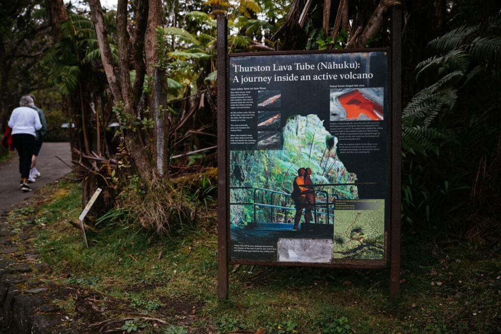 an informational sign for the thurston lava tube in the forest