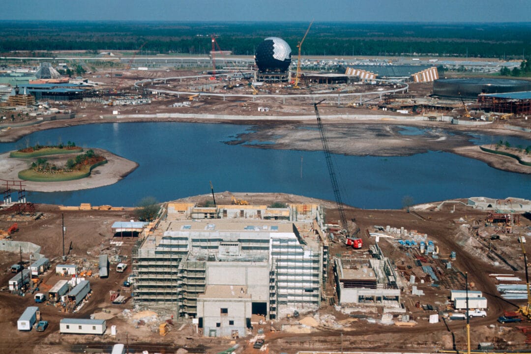 an aerial view of the EPCOT theme park under construction in the 1980s