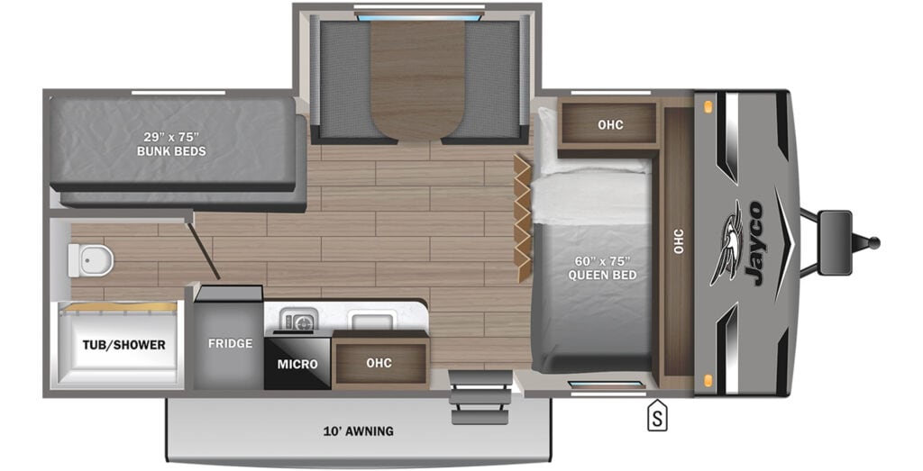 Floor plan of an RV with bunk beds, dining area in a slid-out, bedroom area, bathroom, and kitchen