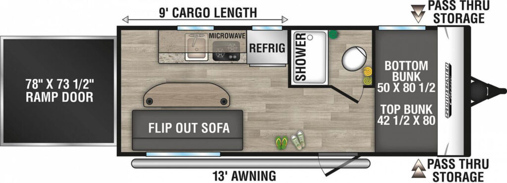 Floor plan of an RV with ramp, living area, kitchen, shower, and bunk beds