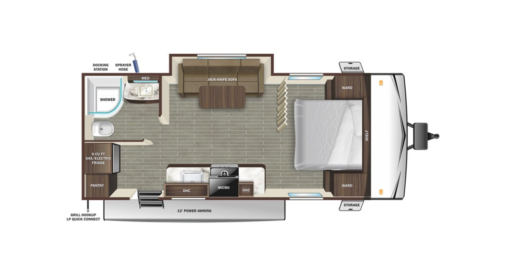 Floor plan of an RV with bathroom, living area, and bedroom area