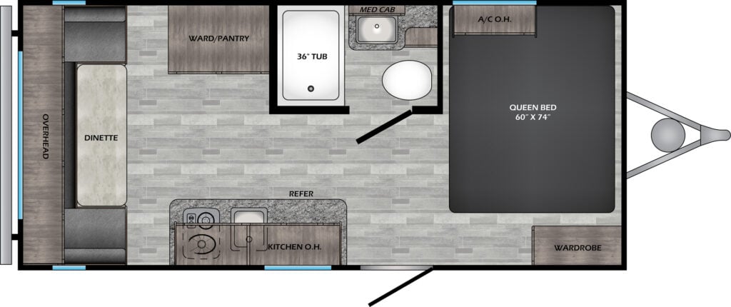 Floor plan of trailer with dining area, kitchen, bathroom, and bed