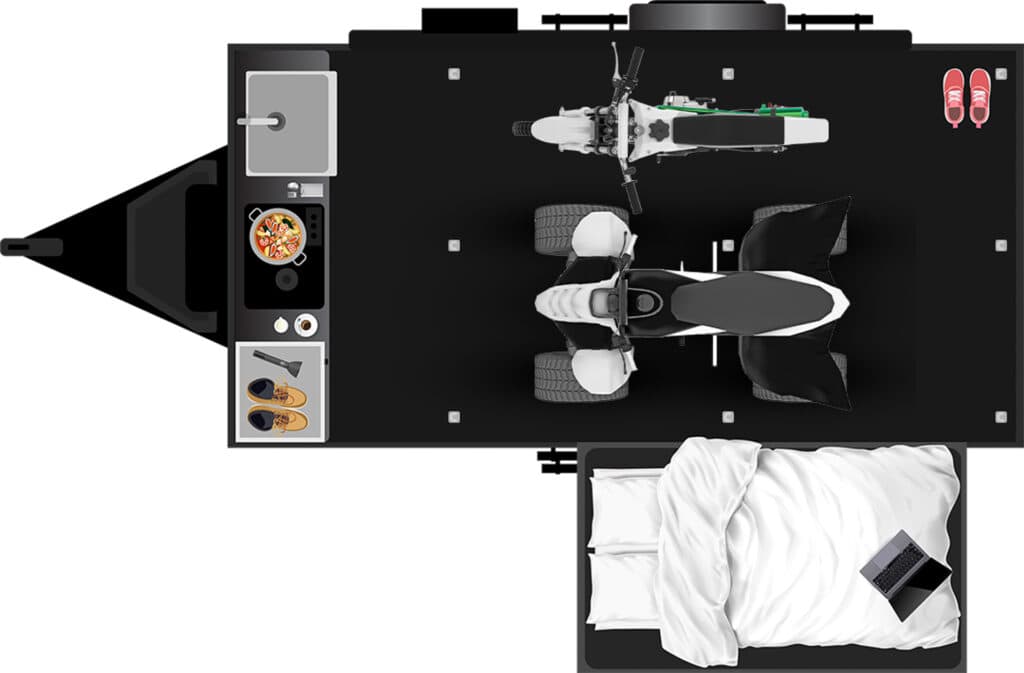 Floor plan of trailer with motorbike and atv in trailer area with pop out bed and kitchen area