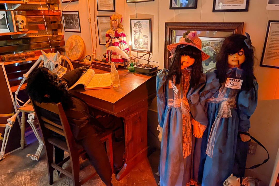 a museum with creepy dolls and skeletons