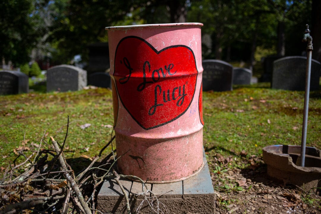 an oil drum painted pink with a red heart and the i love lucy logo in a cemetery