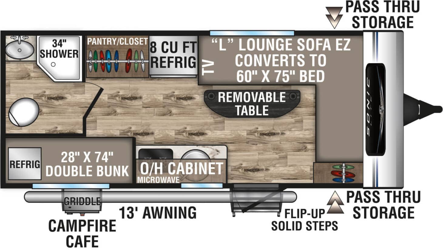 The floorplan for the Venture RV Sonic Lite SL160VBH shows double bunks, a convertible sofa bed, a full kitchen and bath, and ample storage space.