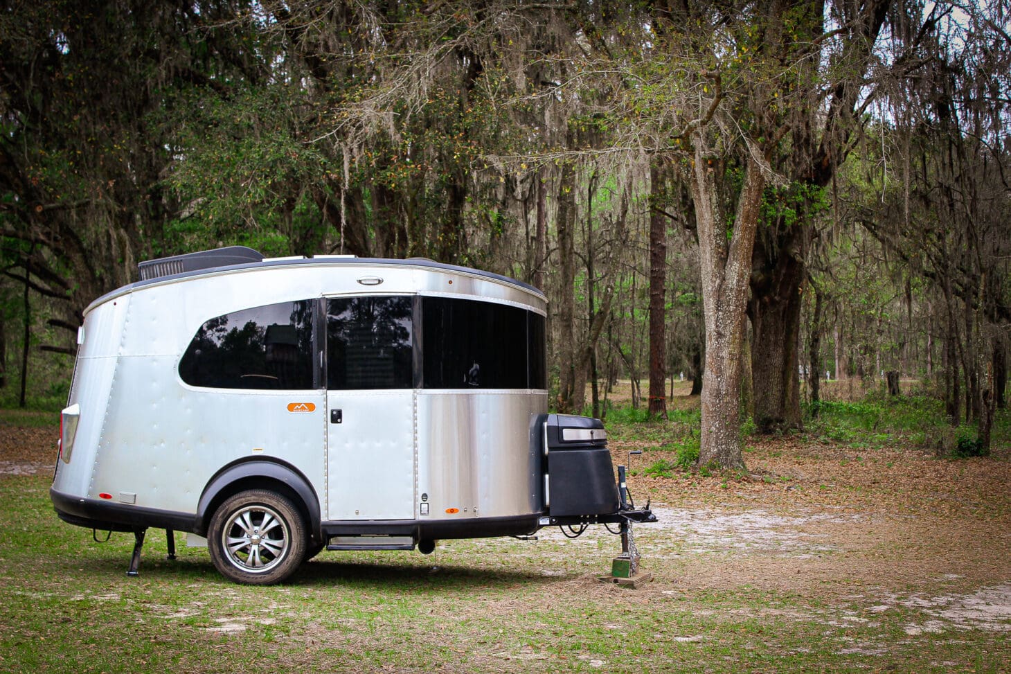 A small, space-age silver Airstream travel trailer RV sits among mossy trees.