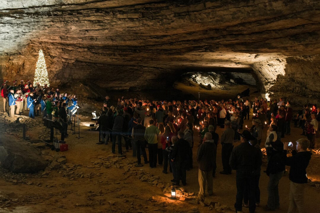 A dimly lit cave is the setting for a gathering of people listening to a concert surrounding a Christmas tree.