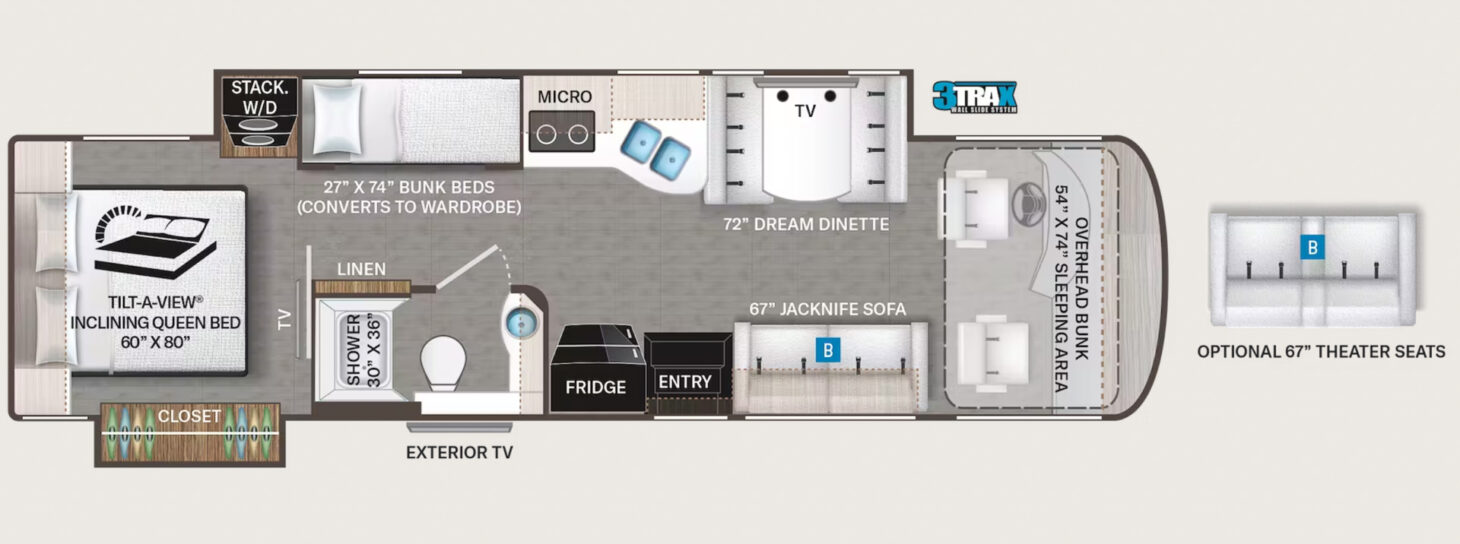 The floorplan for the Thor Motor Coach Palazzo 33.5 showcases the size and scope of this lengthy RV, which offers numerous slide outs that add extra floorspace.