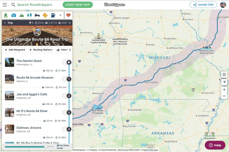 GIF of a map showing a road trip route from Gateway Arch to the Blue Whale in Oklahoma