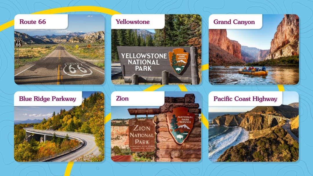 Graphic with a landscape photo of the following destinations: Route 66, Yellowstone National Park, the Grand Canyon, the Blue Ridge Parkway, Zion National Park, and the Pacific Coast Highway