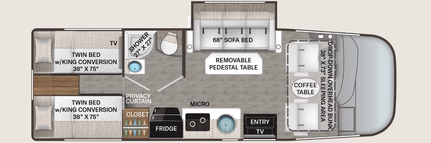 RV floor plan of motorhome with two twin beds in back