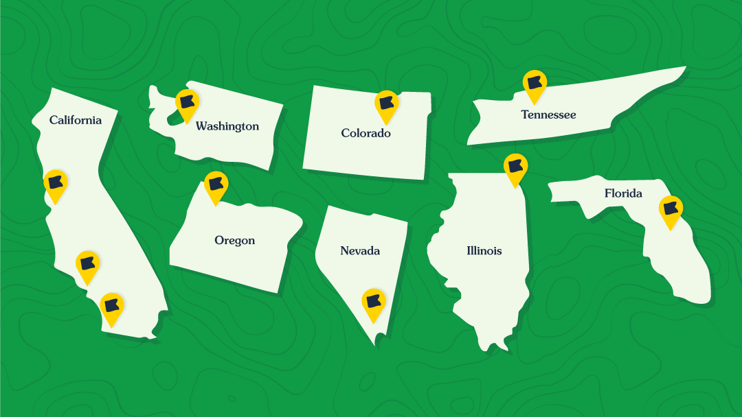 Graphic highlighting cities in 8 states on a green background