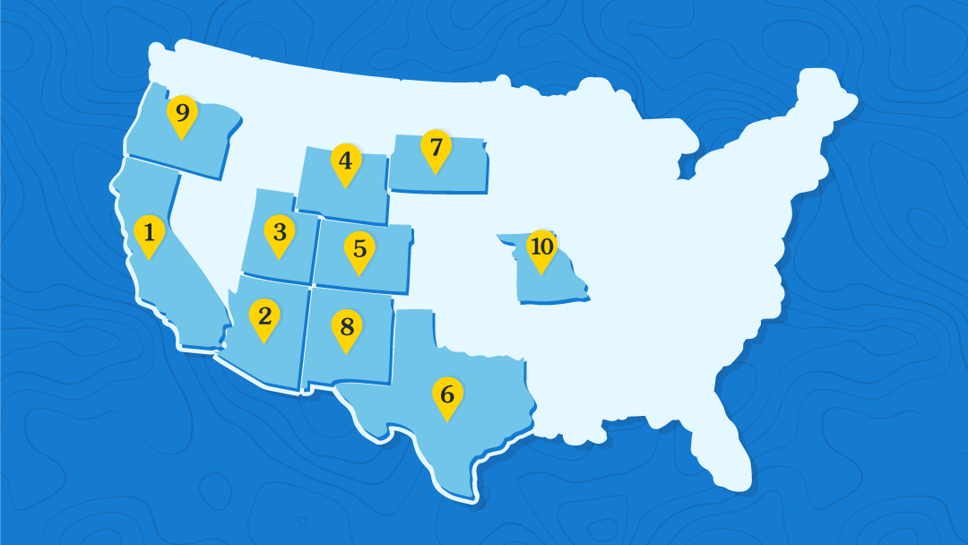 Graphic highlighting 10 states on a blue background