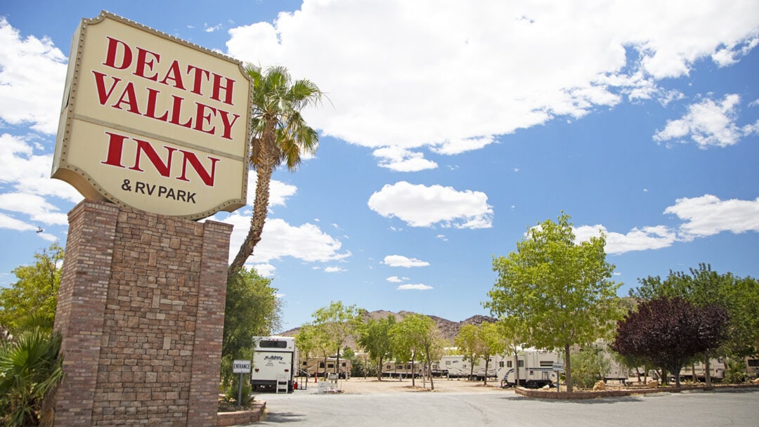 An RV park entrance sign that reads Death Valley Inn & RV Park