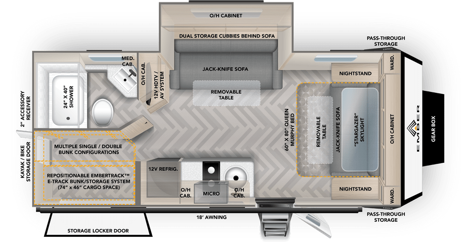 Floor plan of travel trailer with living area, bunk area, and wet bath