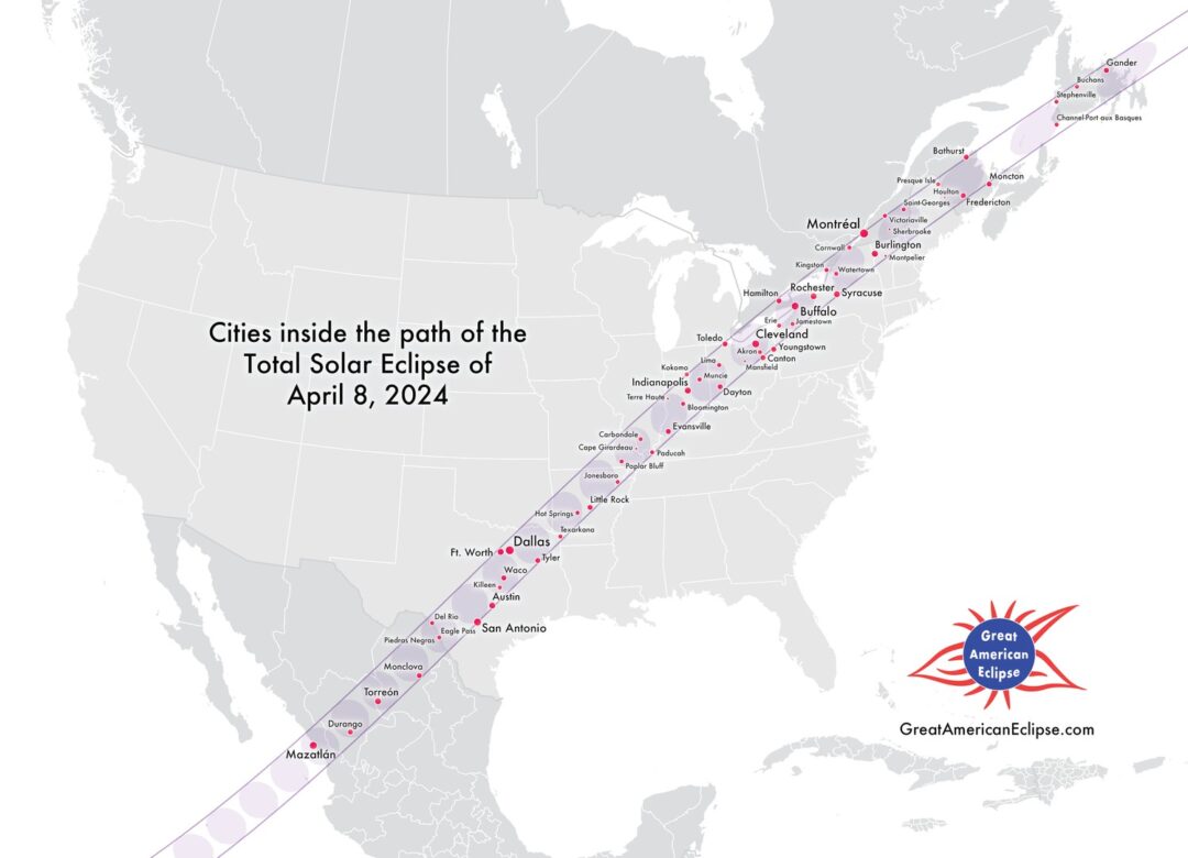 A map of North America showcases the locations where the solar eclipse will pass.
