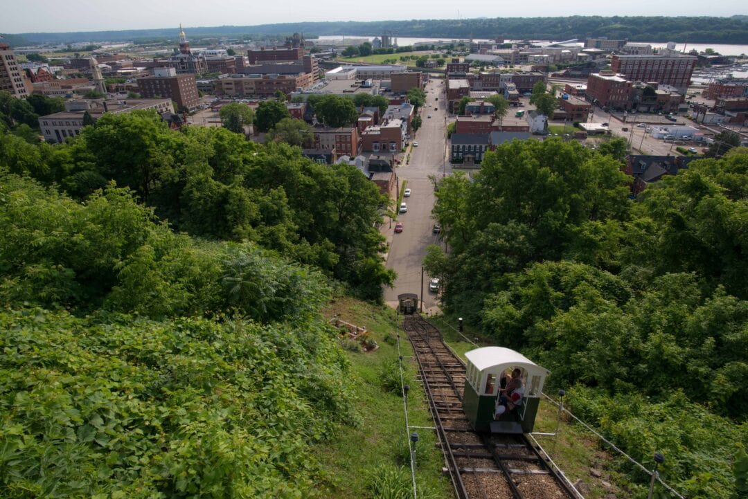 A rail car climbs a hill to a lookout in Dubuque, Iowa