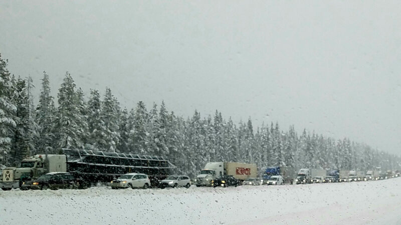 Snow covers the crowd during a long wintertime traffic jam on the Trans Canada Highway