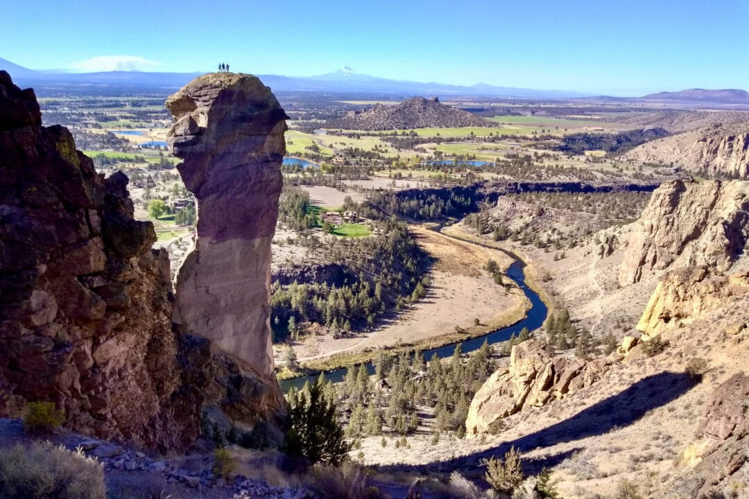 Imposing rock formations on a hilltop overlook Smith Rock State Park in Oregon