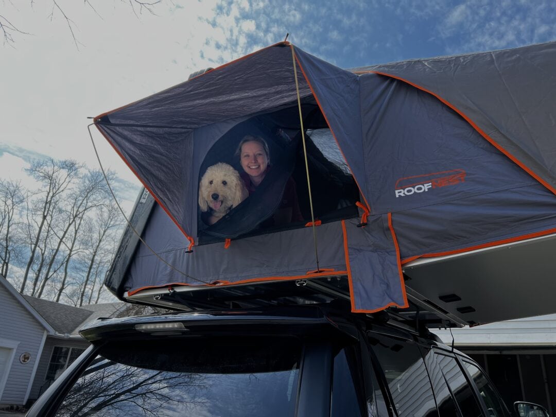 Woman and dog looking out of a rooftop tent window