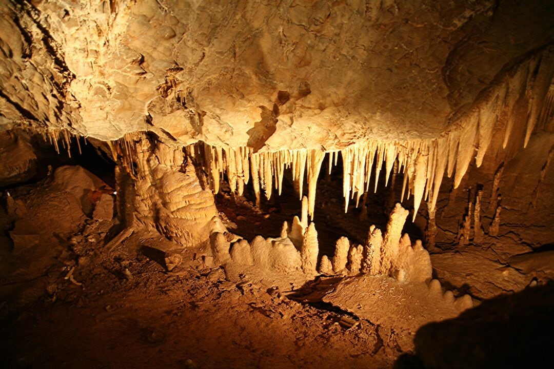 Inside a cave at Kartchner Caverns State Park stalagmites and stalactites make for an impressive scene