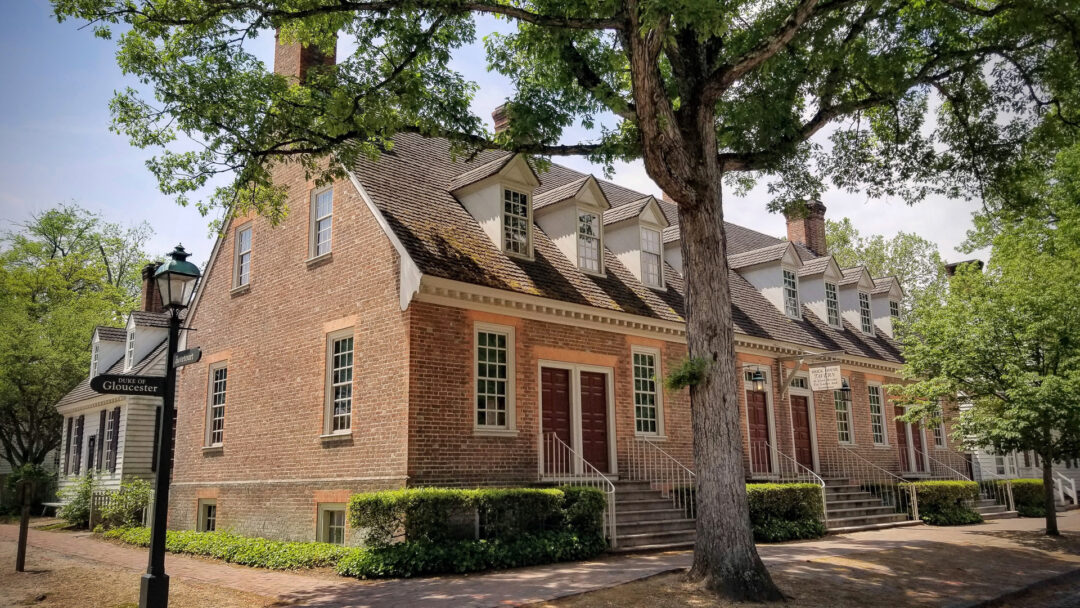 Colonial red brick buildings are on display in Williamsburg, Virginia