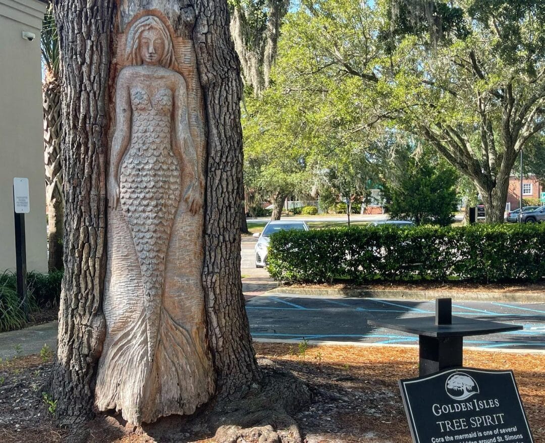 A mermaid is carved into a tree trunk at Georgia's St. Simons Island