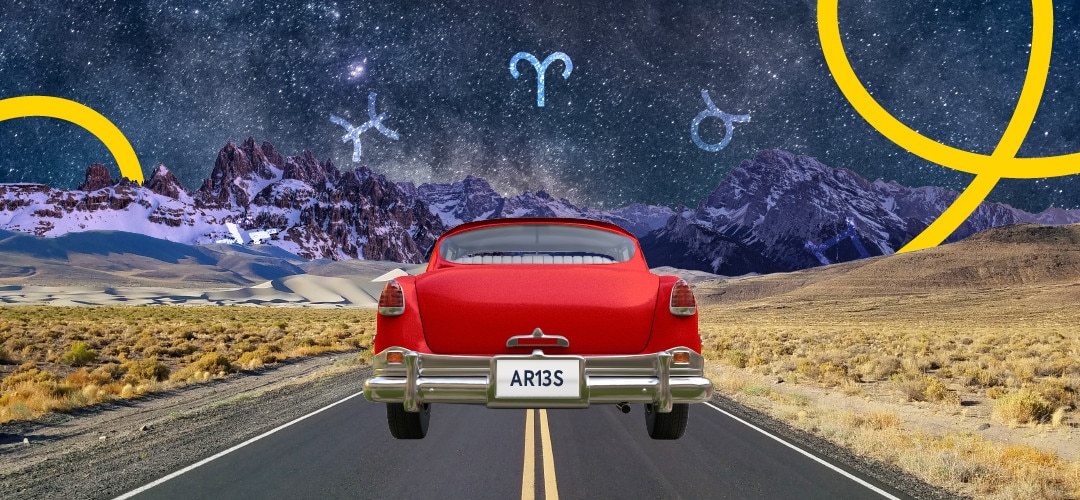 a collage image of a vintage car on a road headed toward mountains with astrological symbols in the starry sky above