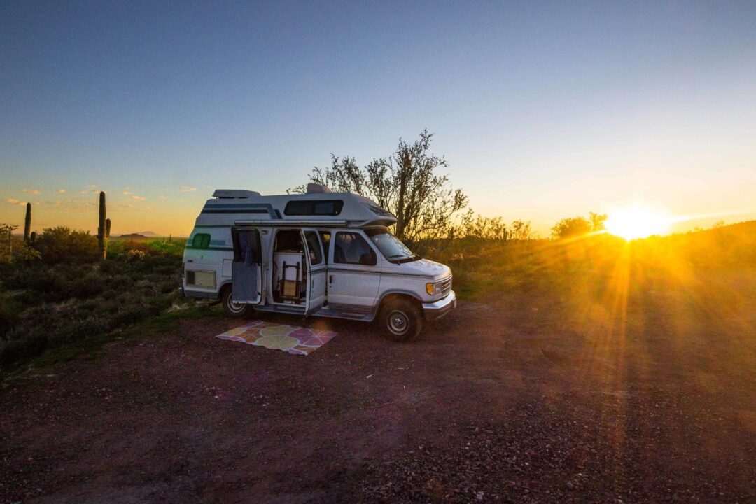 Van parked in desert dry camping