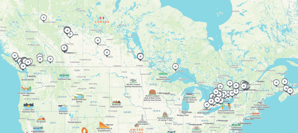 Map showing all Midas locations in Canada