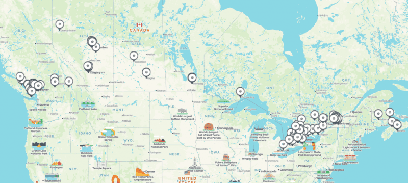 A map showing all Midas locations in Canada