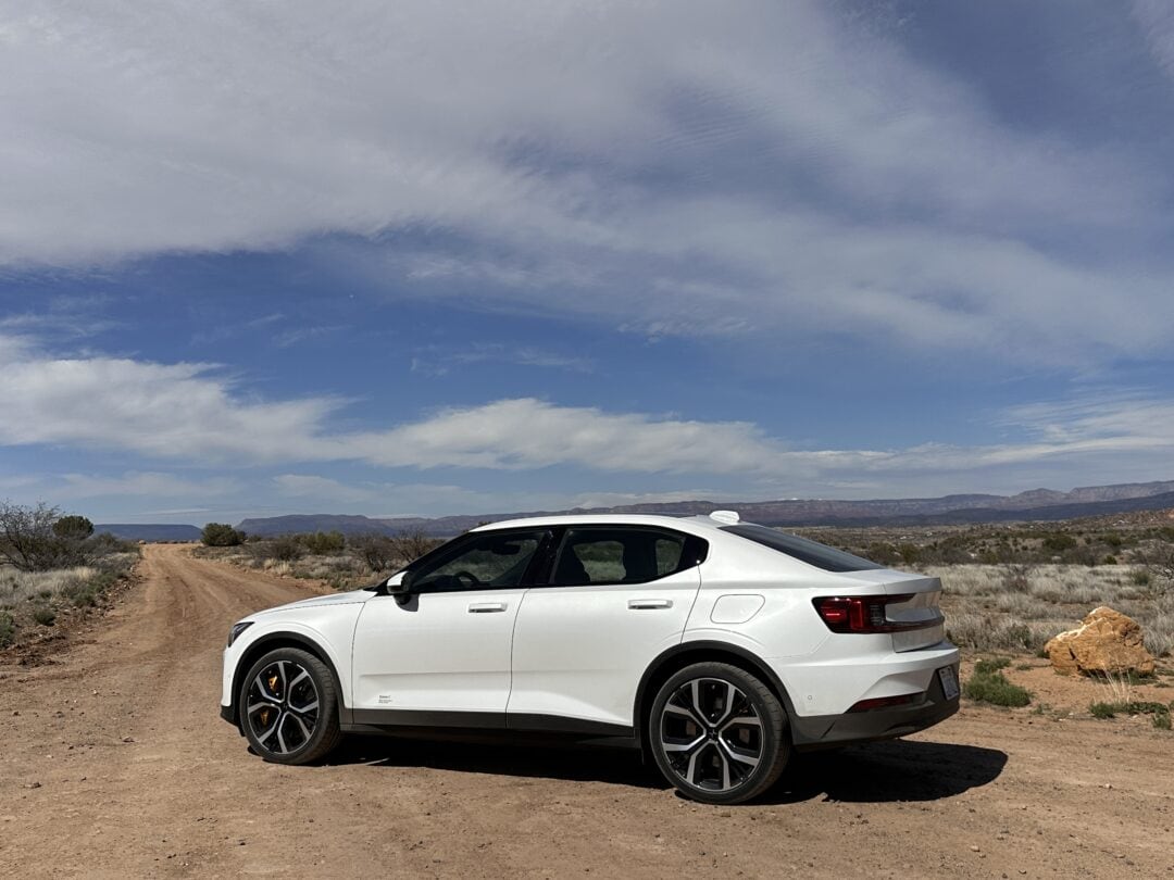 The Polestar 2 electric car parked on a dirt road