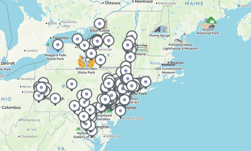 Map showing all Midas locations in the Mid-Atlantic